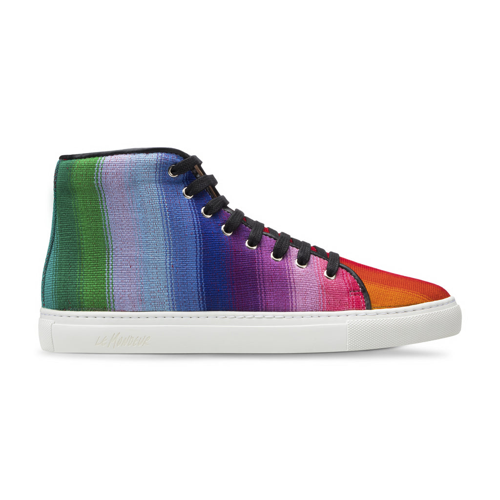 Multicolored high-top sneaker on a white background