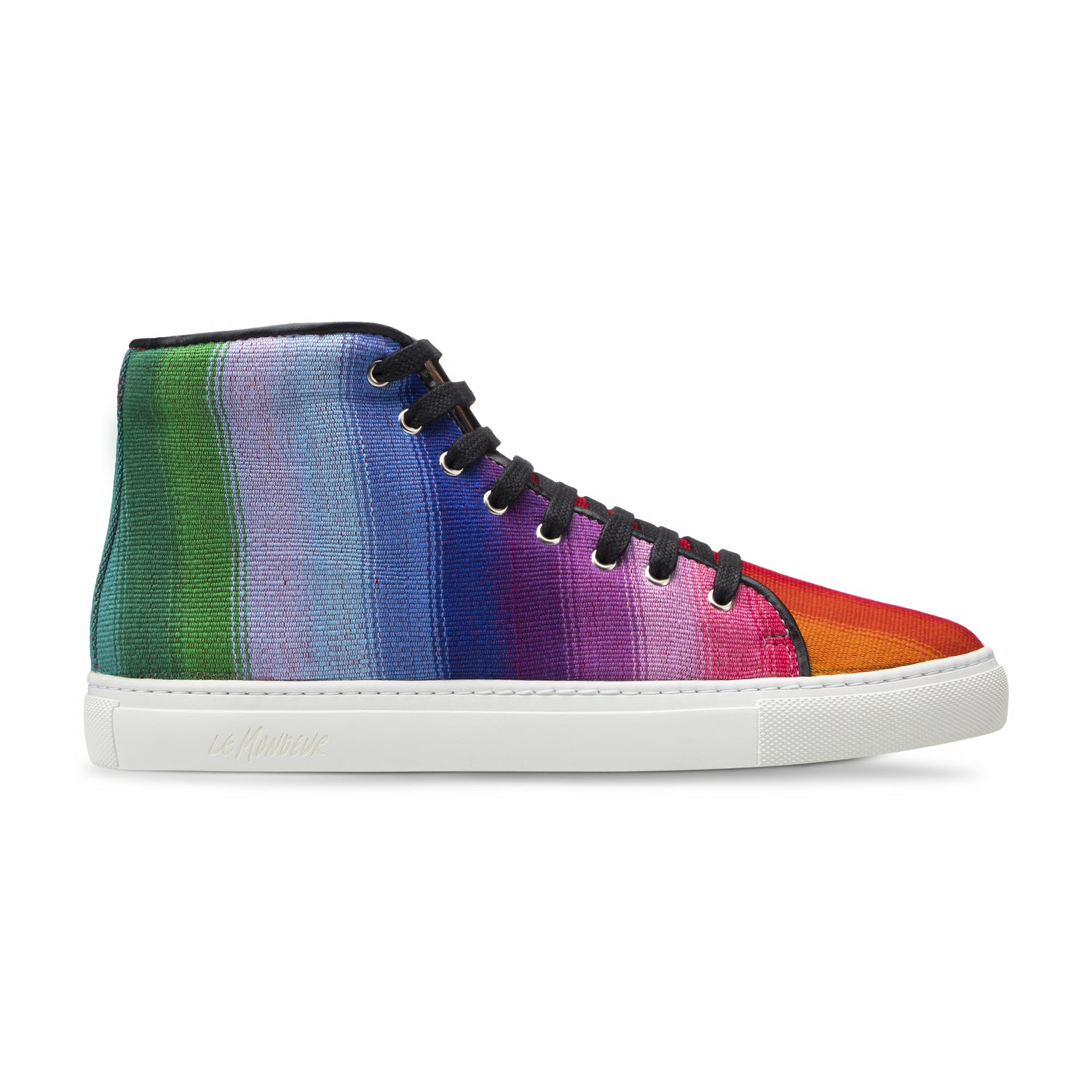 Multicolored high-top sneaker on a white background