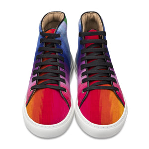 Colorful high-top sneakers with a gradient design on a white background
